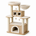 Arbre à chat en bois clair, sisal et tissu beige, 100 × 60 × 165 cm, avec niches, plateformes, panier et couchages