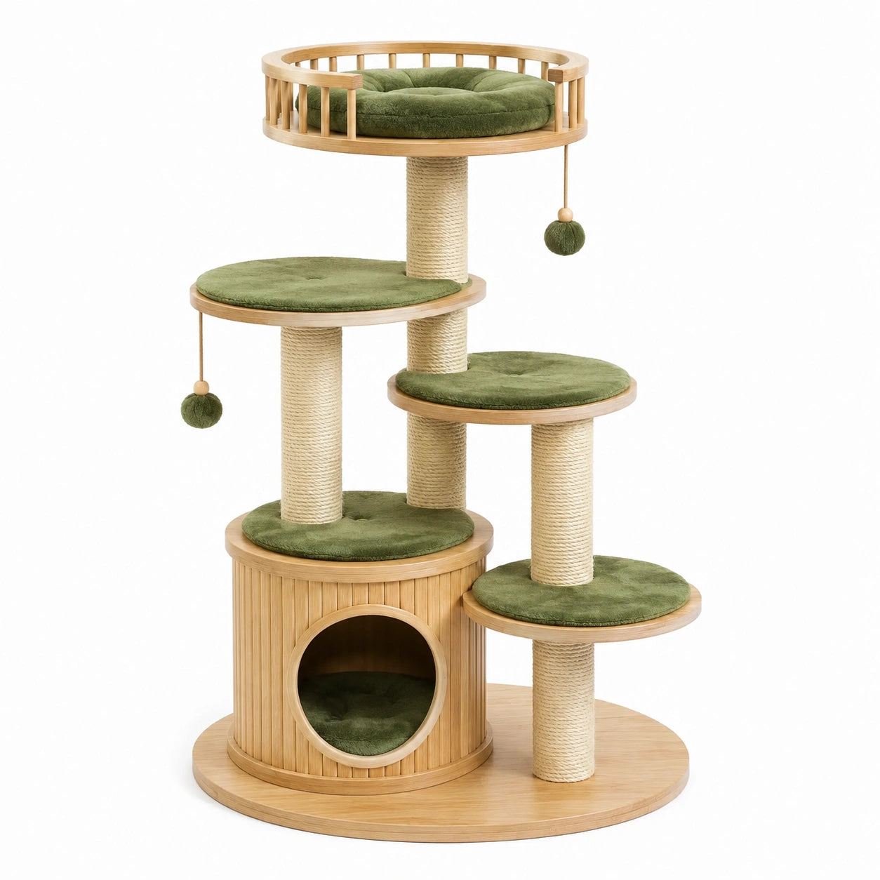 Arbre à chat multiniveau 95 × 60 × 150 cm en bois naturel, sisal beige et textile vert avec niche et couchage supérieur