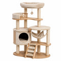 Arbre à chat multiniveau beige et bois naturel 132 × 60 × 160 cm avec niche, hamac, couchages et poteaux en sisal