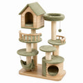 Arbre à chat multiniveau en bois, sisal et tissu vert sauge, 120 × 60 × 160 cm, avec niches, hamac et plateformes