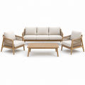 Ensemble de jardin 4 pièces en bois naturel et tissu beige avec canapé 200 × 80 × 78 cm, fauteuils 76 × 80 × 78 cm et table 120 × 65 × 38 cm