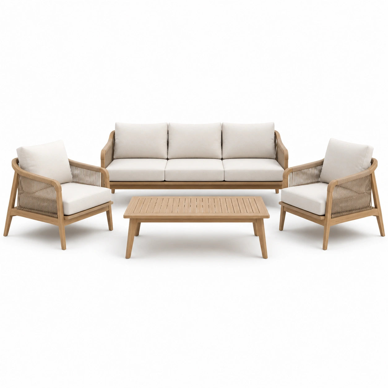 Ensemble de jardin 4 pièces en bois naturel et tissu beige avec canapé 200 × 80 × 78 cm, fauteuils 76 × 80 × 78 cm et table 120 × 65 × 38 cm