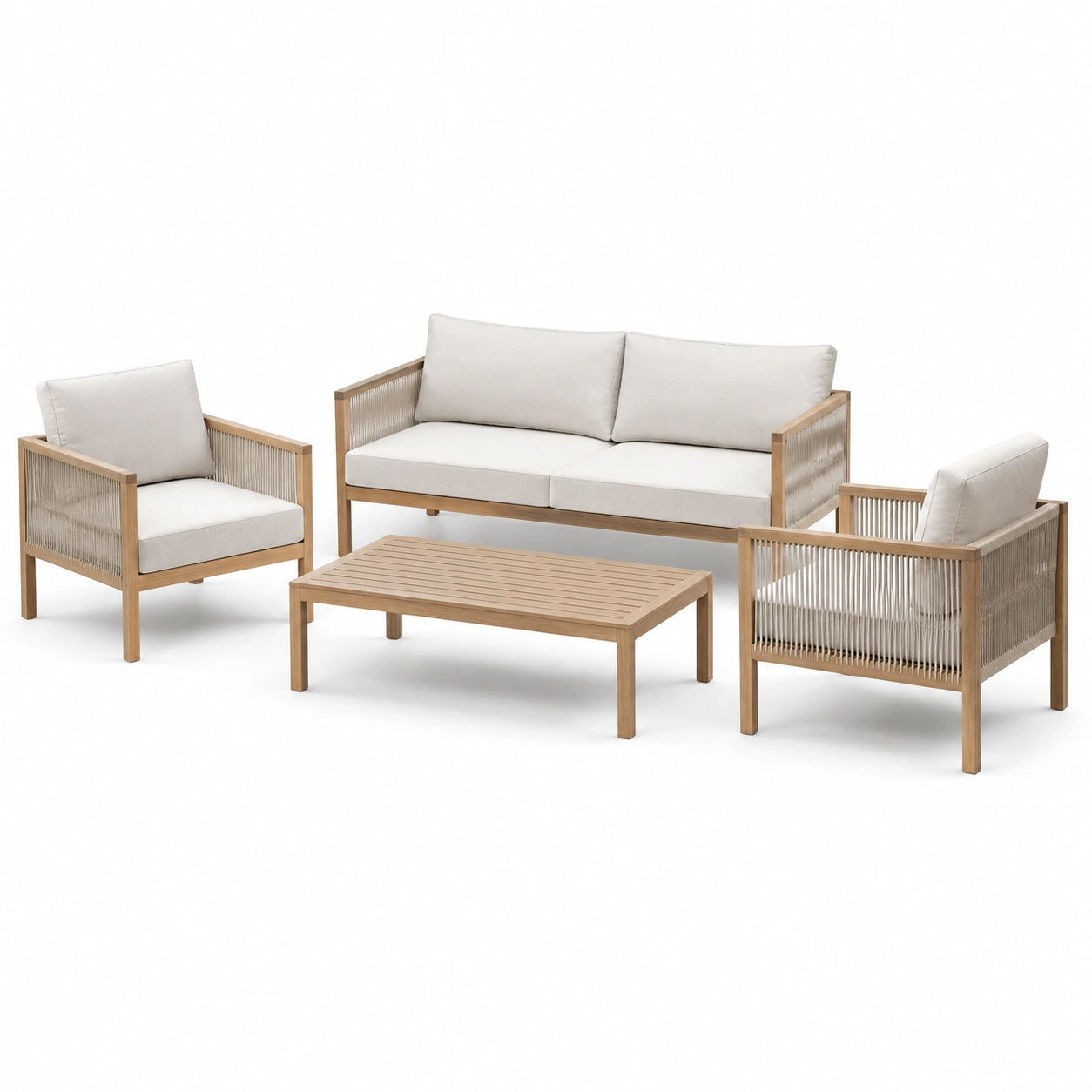 Ensemble de jardin 4 pièces beige et bois naturel, canapé 160 × 75 × 78 cm, 2 fauteuils 74 × 75 × 78 cm et table 100 × 60 × 40 cm