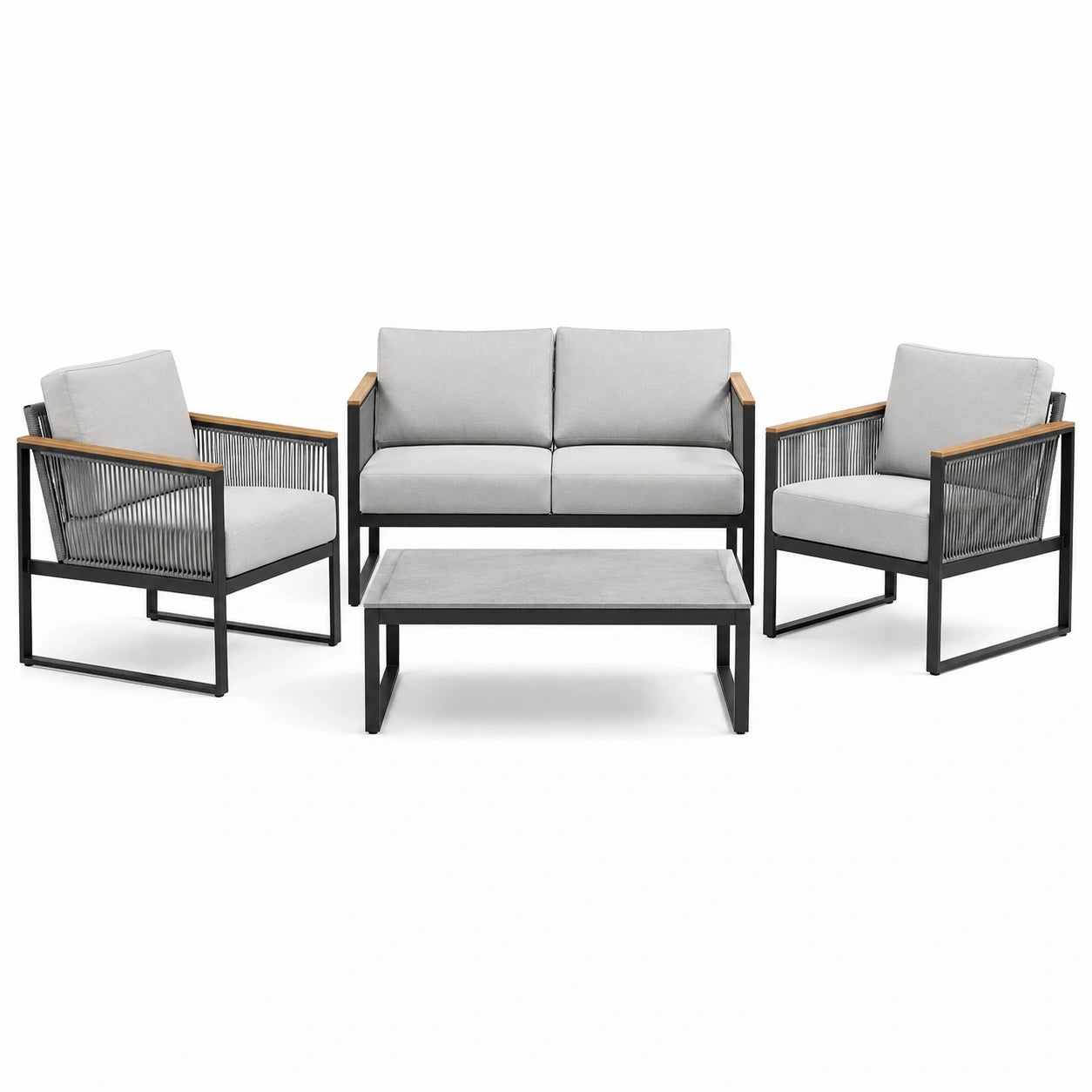 Ensemble 4 pièces gris, noir et marron clair avec canapé 126 × 70 × 77 cm, 2 fauteuils 68 × 70 × 77 cm et table 90 × 50 × 38 cm