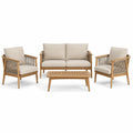 Ensemble de jardin 4 pièces en bois marron clair, tissu beige et corde grège – canapé 132 × 76 × 80 cm, fauteuils 72 × 76 × 80 cm, table 100 × 55 × 38 cm