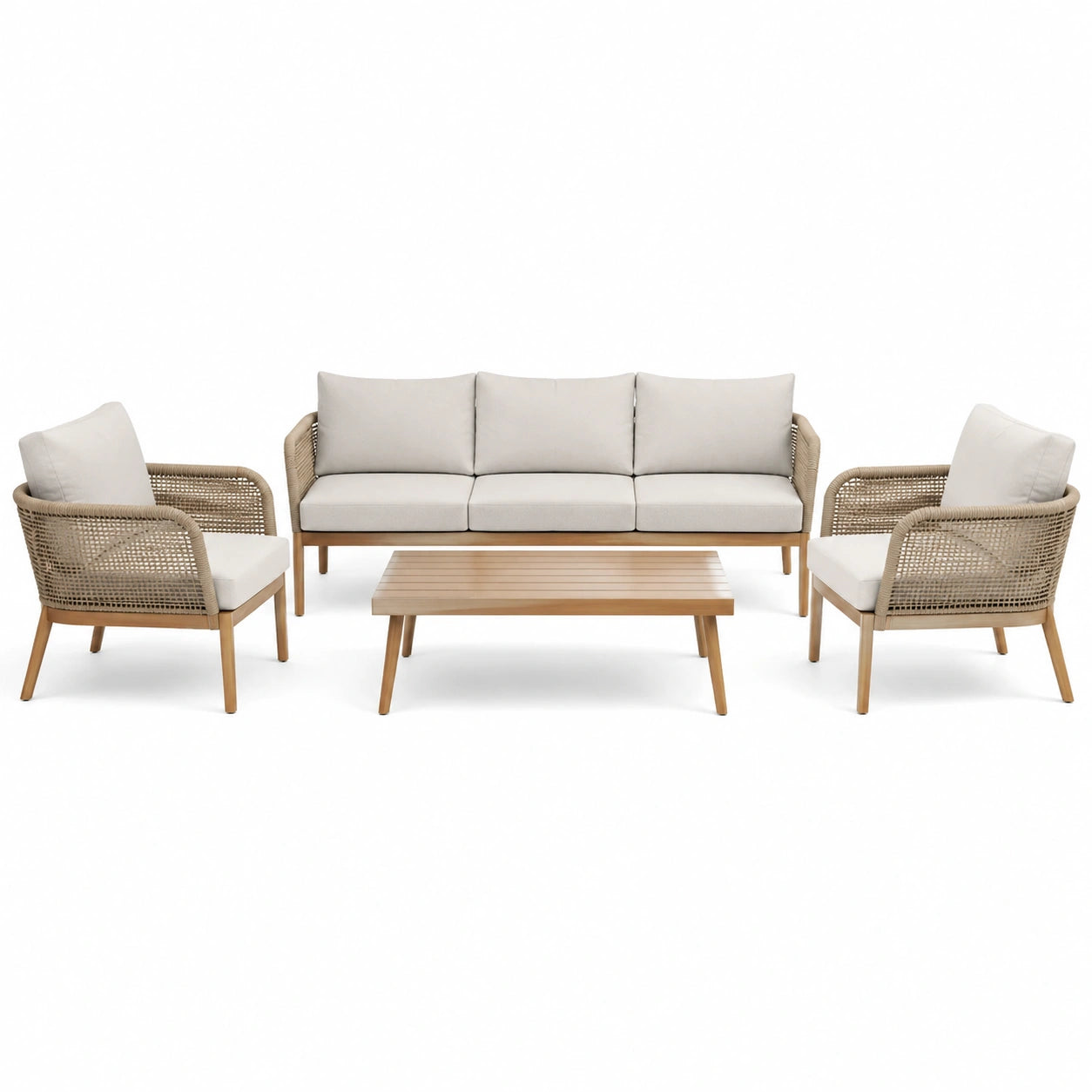 Salon de jardin 4 pièces beige et brun clair avec canapé 190 × 78 × 78 cm, 2 fauteuils 76 × 78 × 78 cm et table basse 110 × 60 × 38 cm