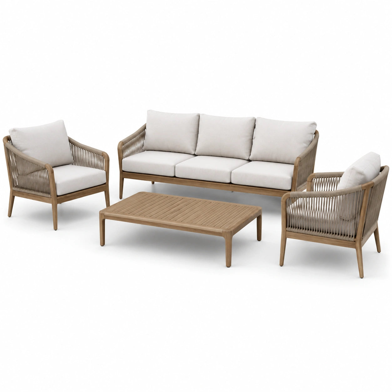 Ensemble de jardin 4 pièces en bois naturel et corde beige, canapé 3 places 190 × 80 × 78 cm, 2 fauteuils et table basse