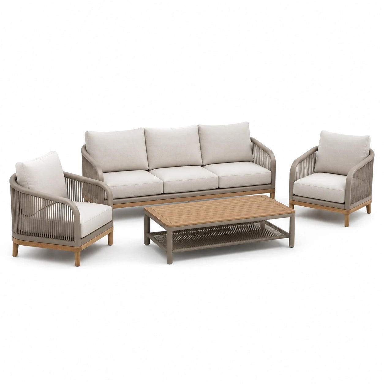 Ensemble de jardin 4 pièces taupe, beige et bois naturel – canapé 200 × 82 × 78 cm, 2 fauteuils 75 × 82 × 78 cm et table 120 × 60 × 42 cm
