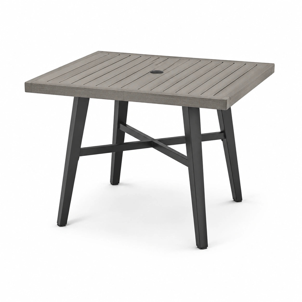 Table de jardin carrée taupe et noire 90 × 90 × 75 cm avec plateau à lattes et trou pour parasol