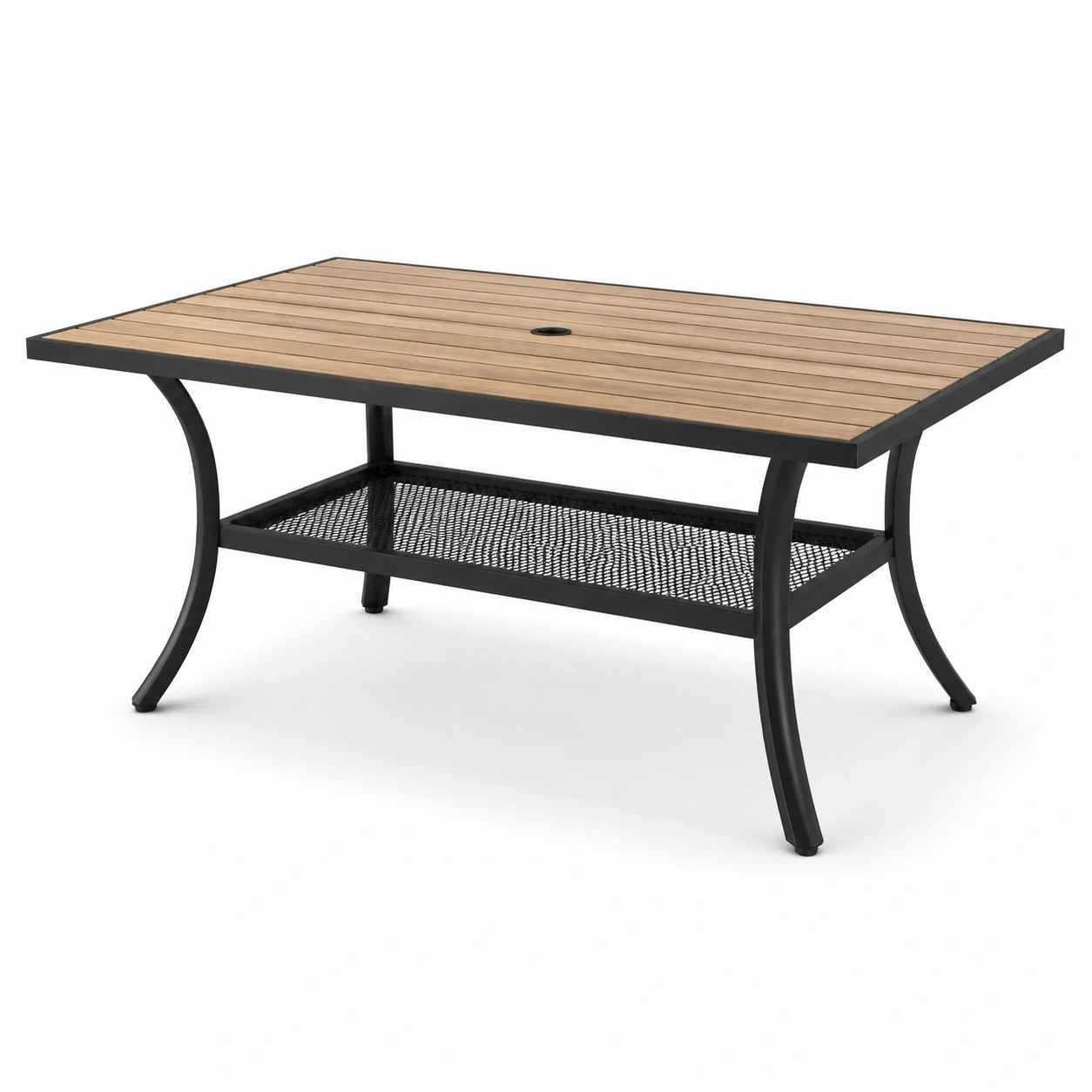 Table basse de jardin 107 × 61 × 46 cm avec plateau marron aspect bois, structure noire et étagère grillagée