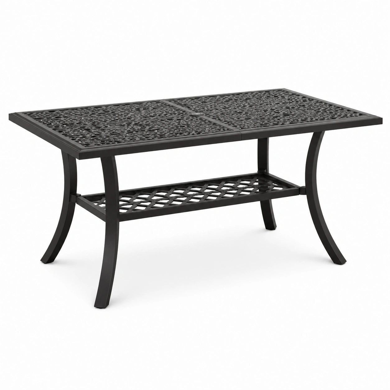 Table rectangulaire en métal noir avec plateau ajouré et tablette, 120 × 70 × 75 cm
