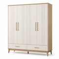 Armoire contemporaine à 4 portes et 2 tiroirs, blanc cassé, chêne et doré, 180 × 55 × 210 cm