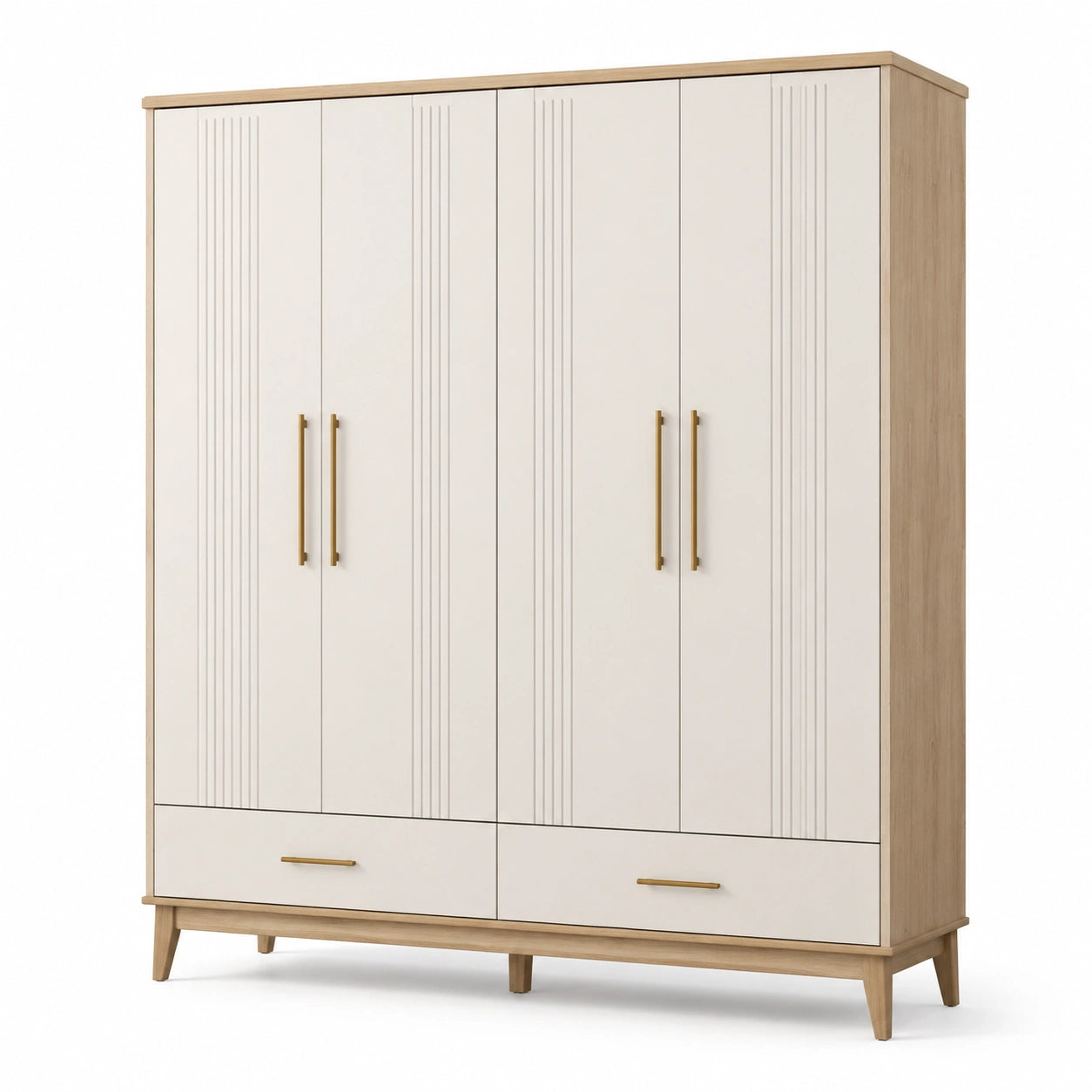 Armoire contemporaine à 4 portes et 2 tiroirs, blanc cassé, chêne et doré, 180 × 55 × 210 cm