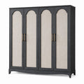 Armoire 4 portes en bois noir et textile beige avec poignées finition laiton, 200 × 55 × 210 cm
