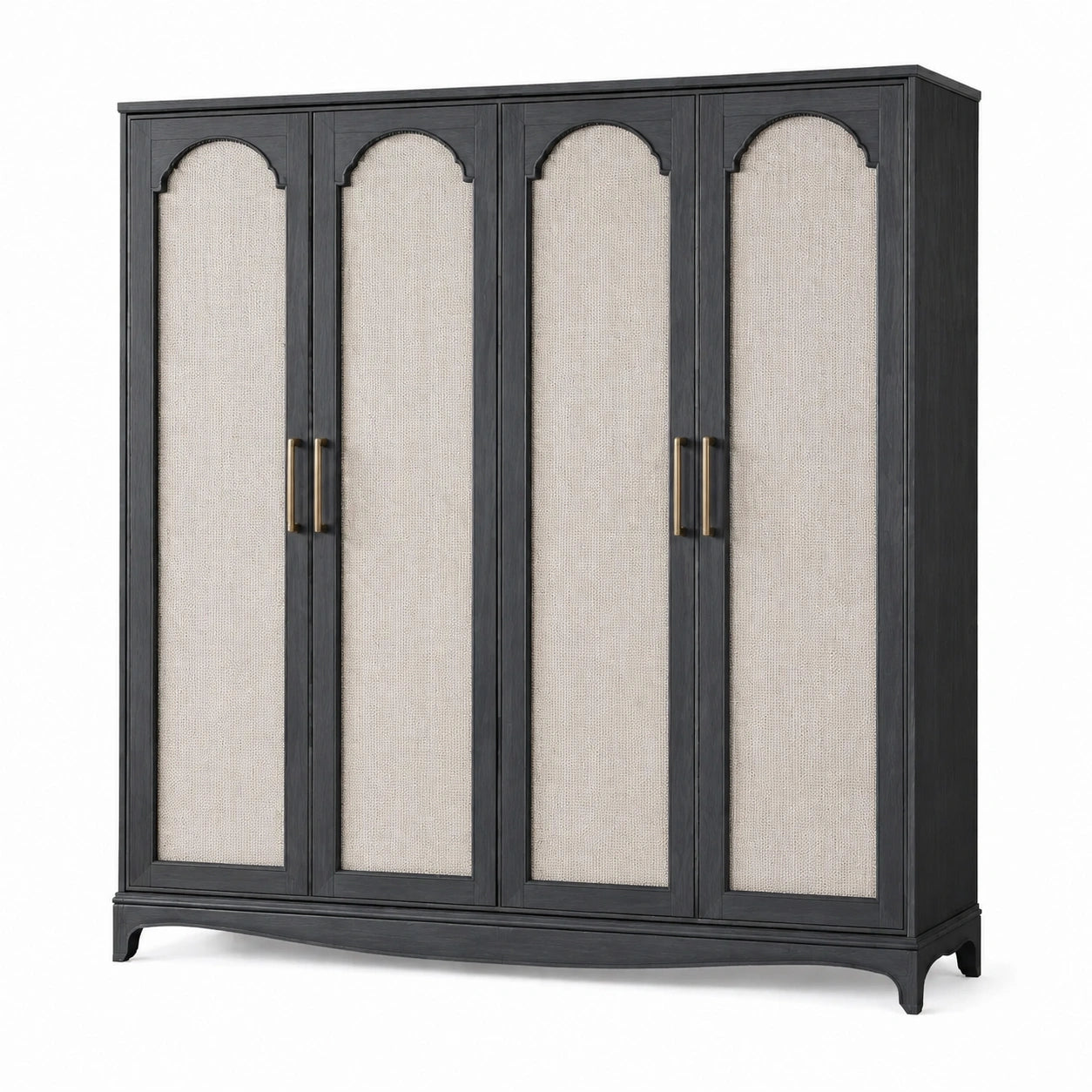 Armoire 4 portes en bois noir et textile beige avec poignées finition laiton, 200 × 55 × 210 cm