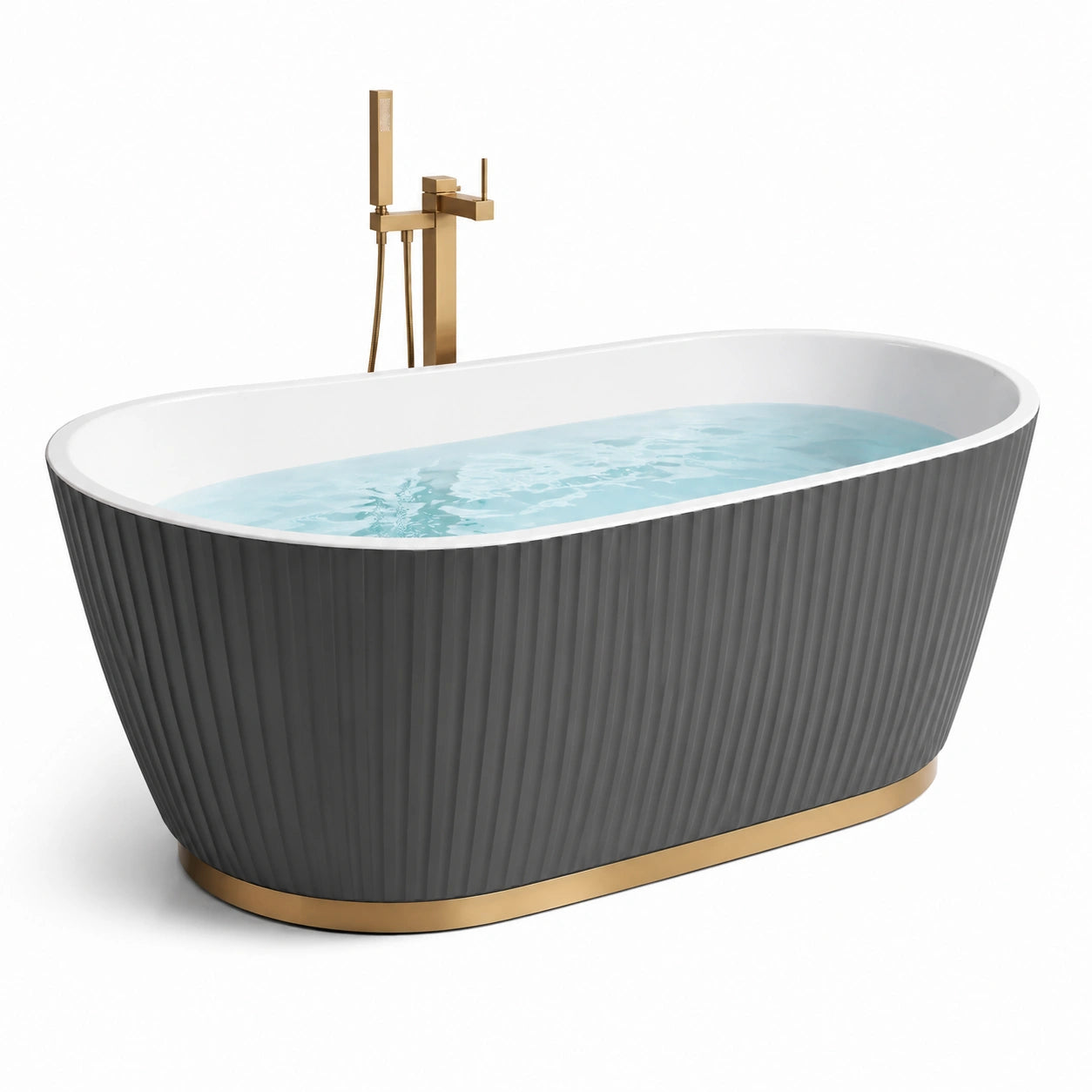 Baignoire îlot ovale en acrylique 170 × 80 × 58 cm, gris anthracite, blanc et doré, finition cannelée