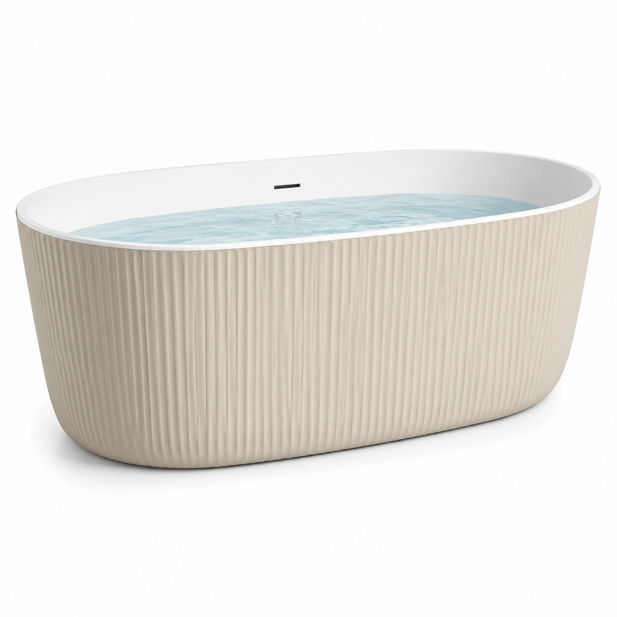 Baignoire îlot ovale en acrylique beige et blanc à façade rainurée, 170 × 80 × 58 cm
