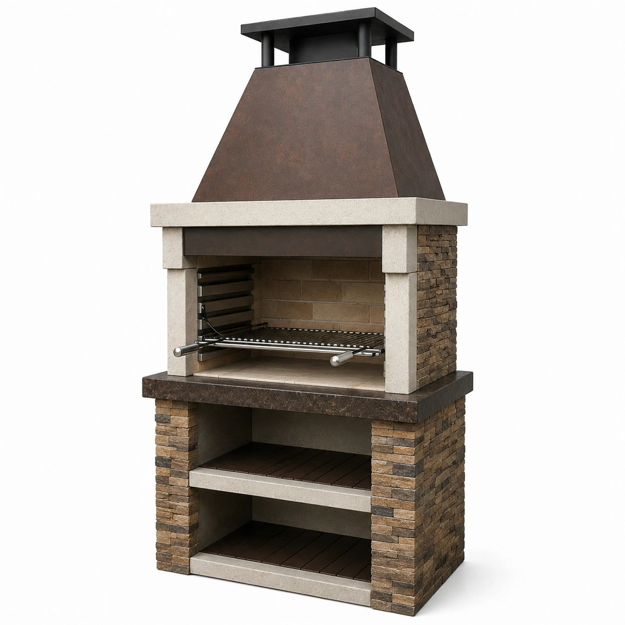 Barbecue de jardin avec cheminée en pierre reconstituée beige et acier brun et noir, 100 x 65 x 210 cm