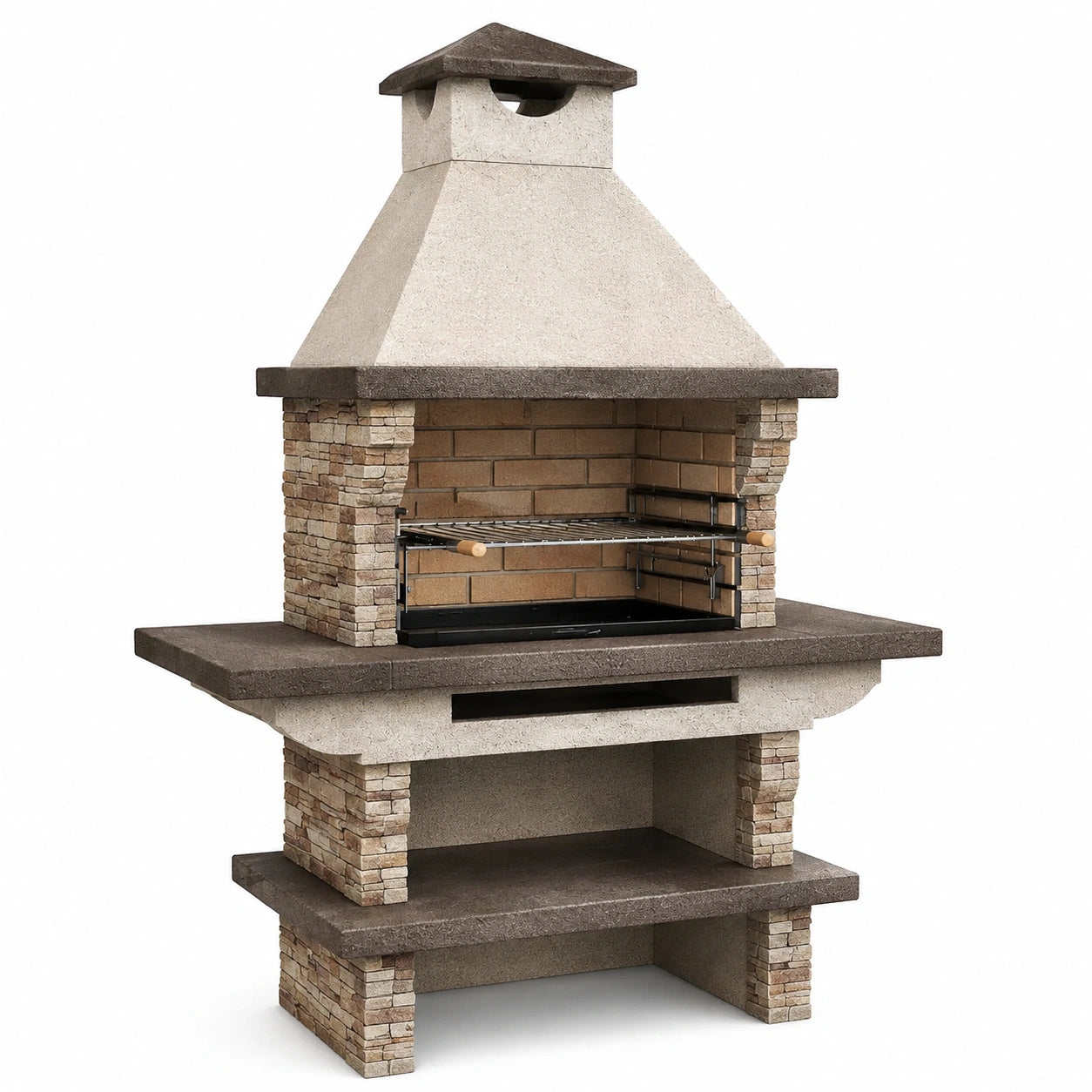 Barbecue fixe d’extérieur avec cheminée, grille réglable, 160 × 90 × 230 cm, beige, marron et noir