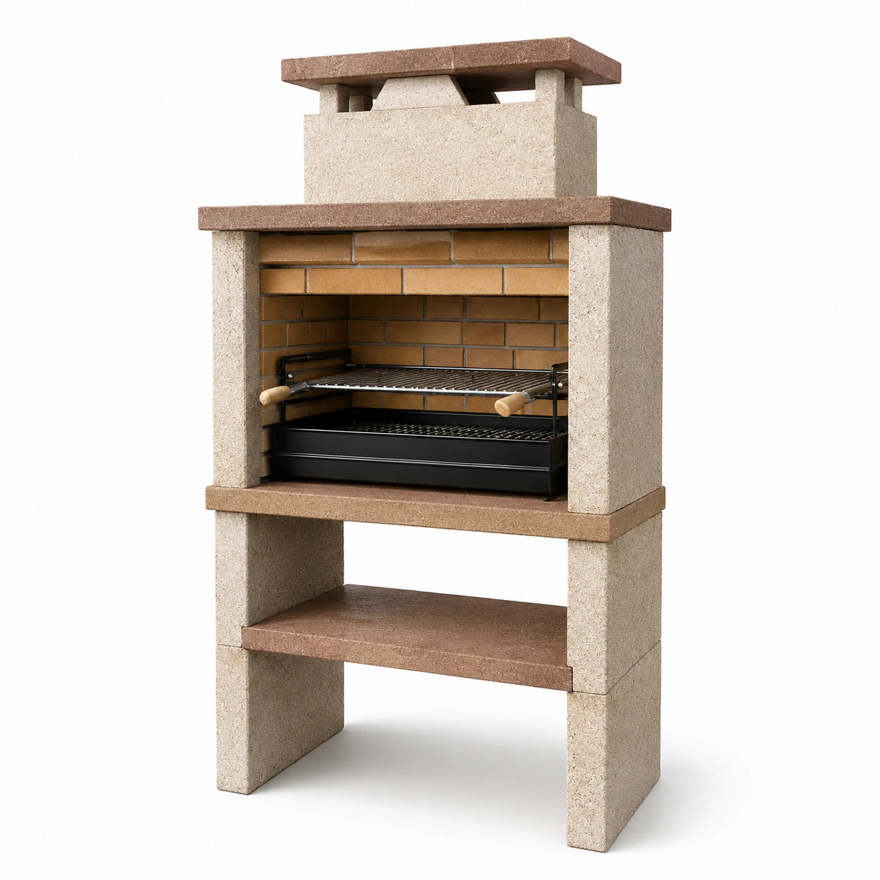Barbecue de jardin en béton beige, marron et noir avec foyer en briques et cheminée – 90 × 58 × 200 cm