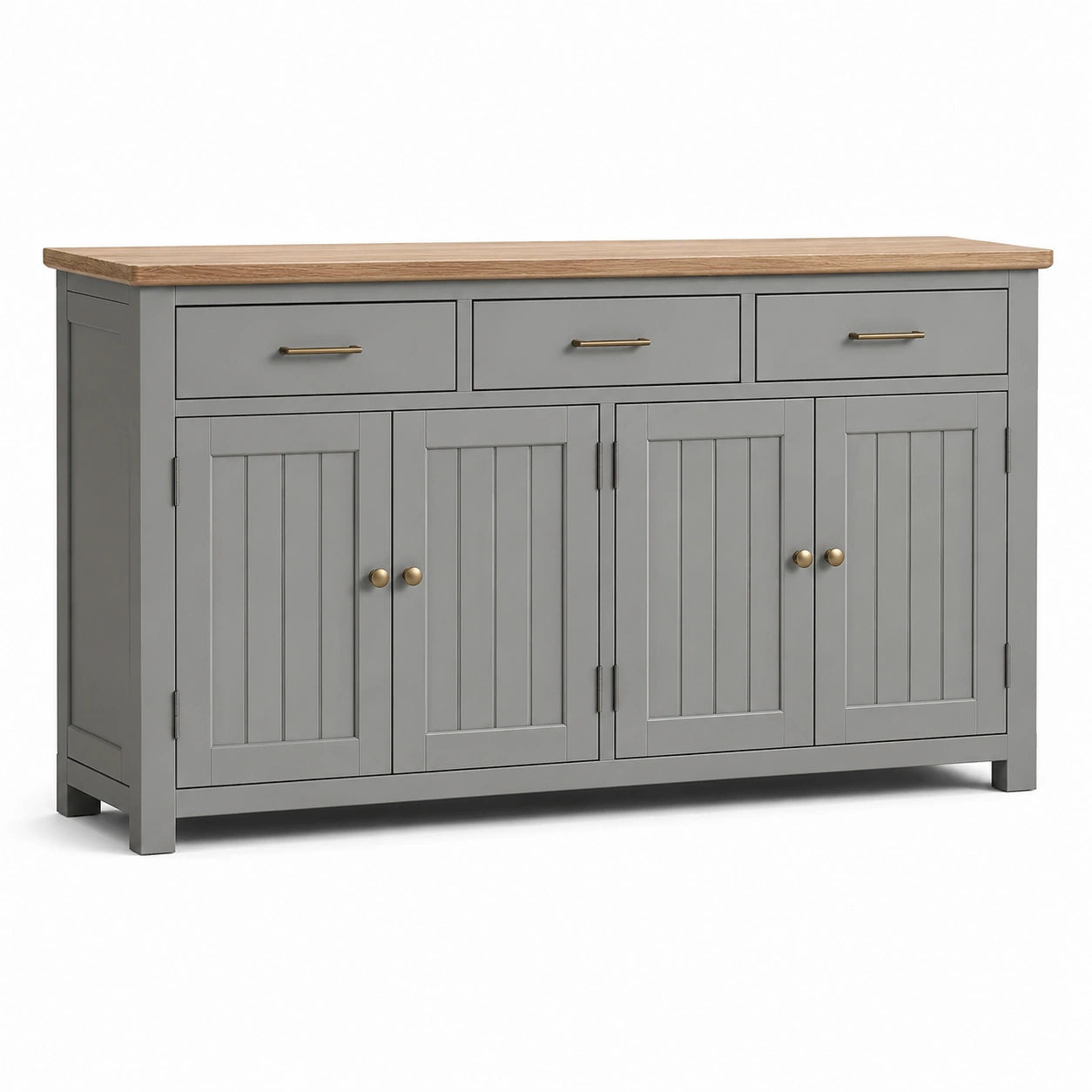 Buffet gris et bois naturel 150 × 40 × 85 cm avec 3 tiroirs et 4 portes
