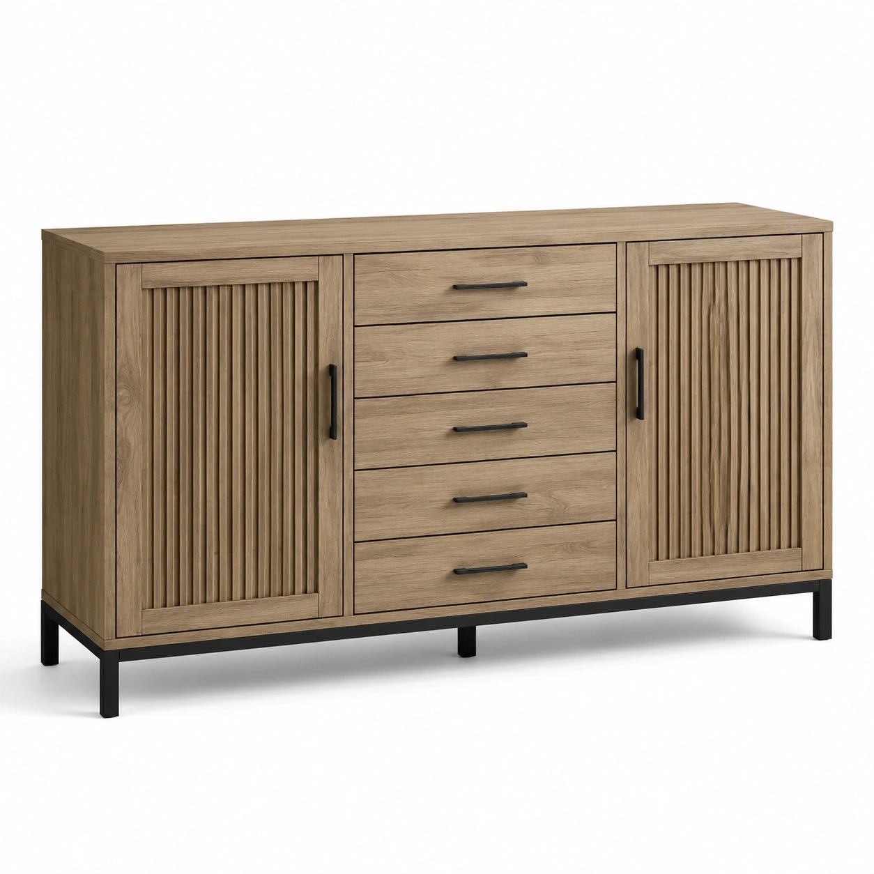 Buffet effet chêne brun et métal noir, 160 × 40 × 85 cm, 5 tiroirs et 2 portes rainurées