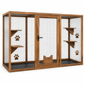 Enclos pour chats en bois brun et grillage noir avec porte et 4 plateformes – 180 × 80 × 120 cm