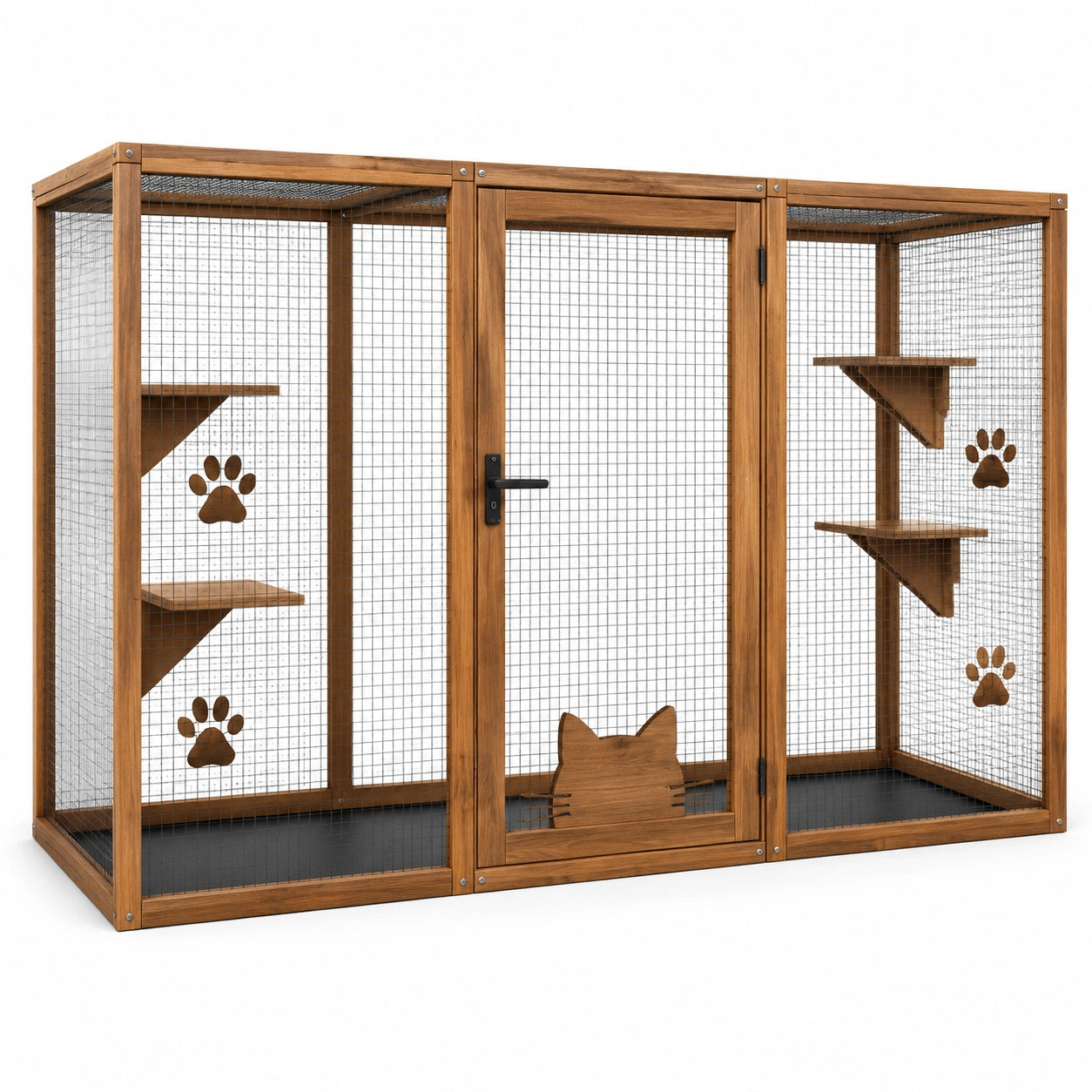 Enclos pour chats en bois brun et grillage noir avec porte et 4 plateformes – 180 × 80 × 120 cm