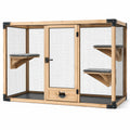 Enclos pour chat en bois naturel avec treillis noir et 3 plateformes grises, 180 × 80 × 120 cm
