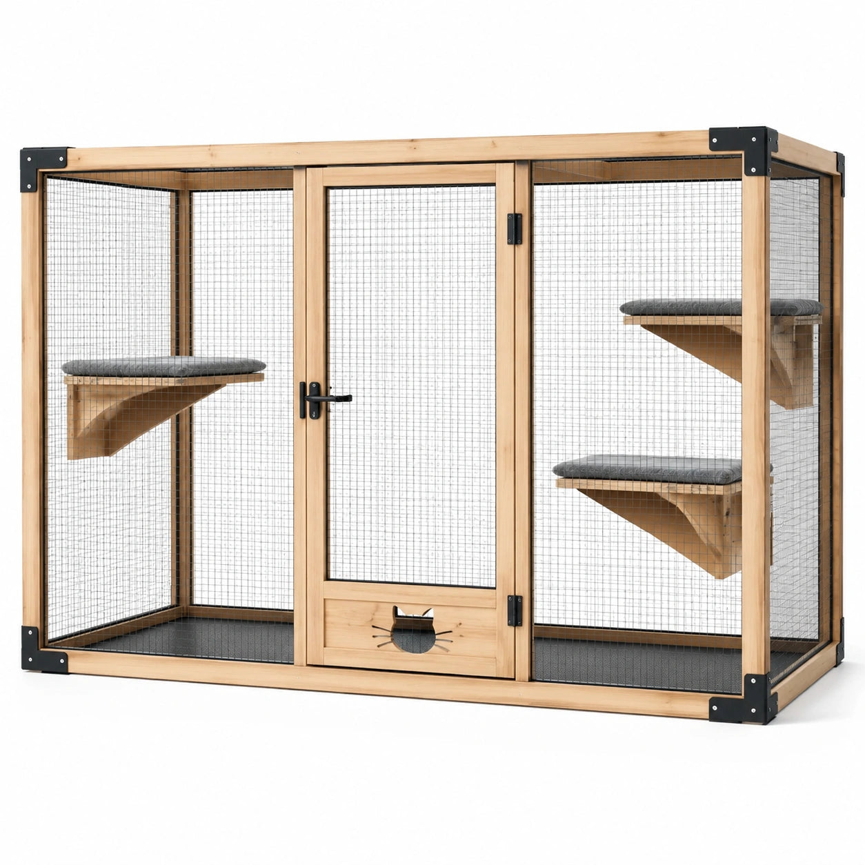 Enclos pour chat en bois naturel avec treillis noir et 3 plateformes grises, 180 × 80 × 120 cm