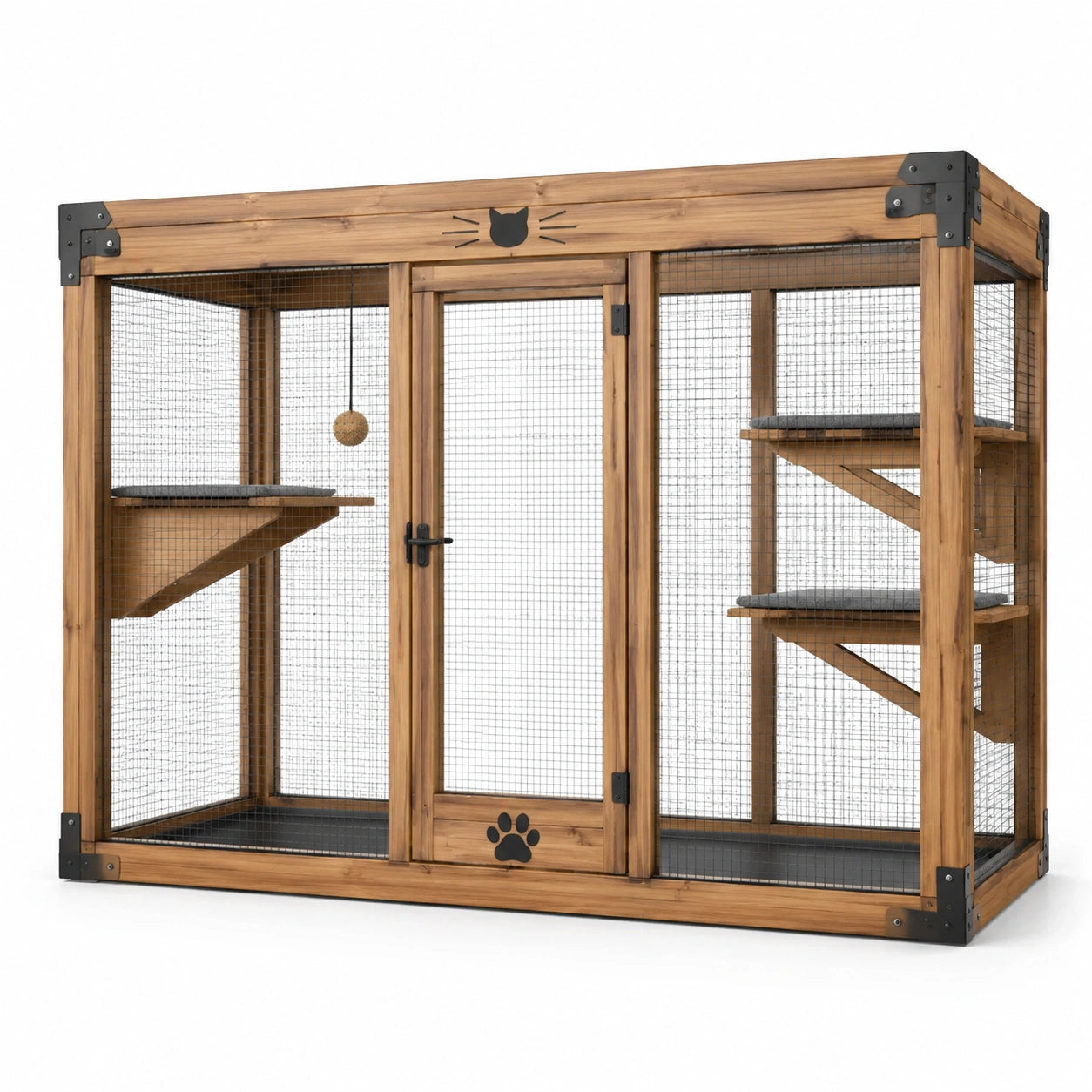 Enclos pour chat en bois brun et grillage noir, 3 plateformes, 180 × 80 × 170 cm