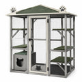 Enclos extérieur pour chat en bois gris avec grillage métallique, toit incliné et plateformes, 180 × 100 × 190 cm