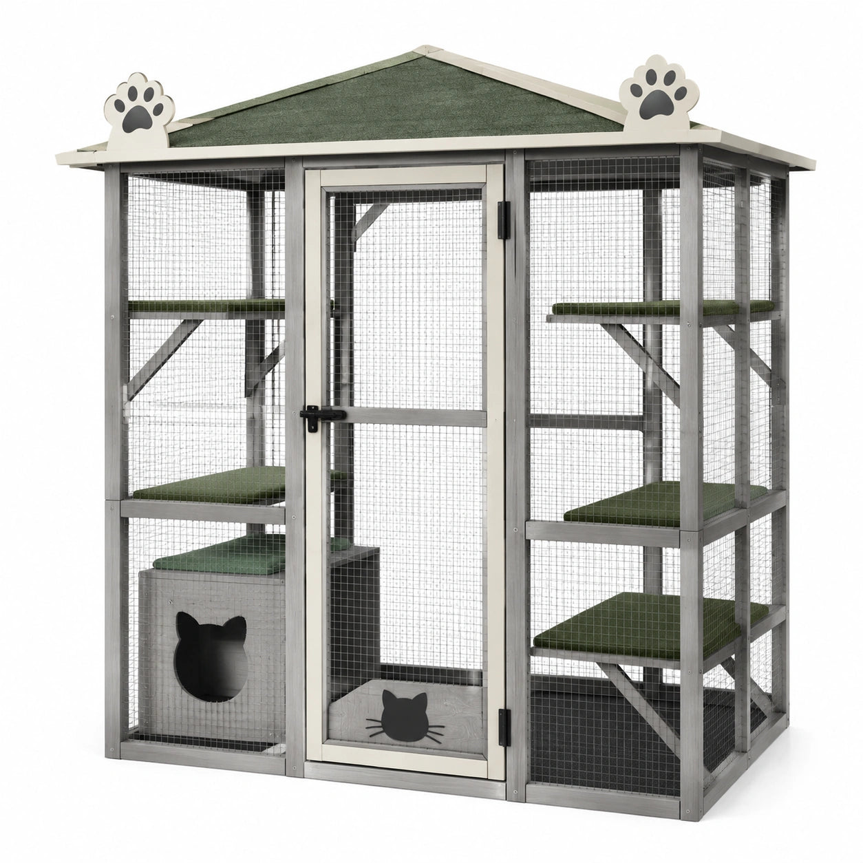 Enclos extérieur pour chat en bois gris avec grillage métallique, toit incliné et plateformes, 180 × 100 × 190 cm