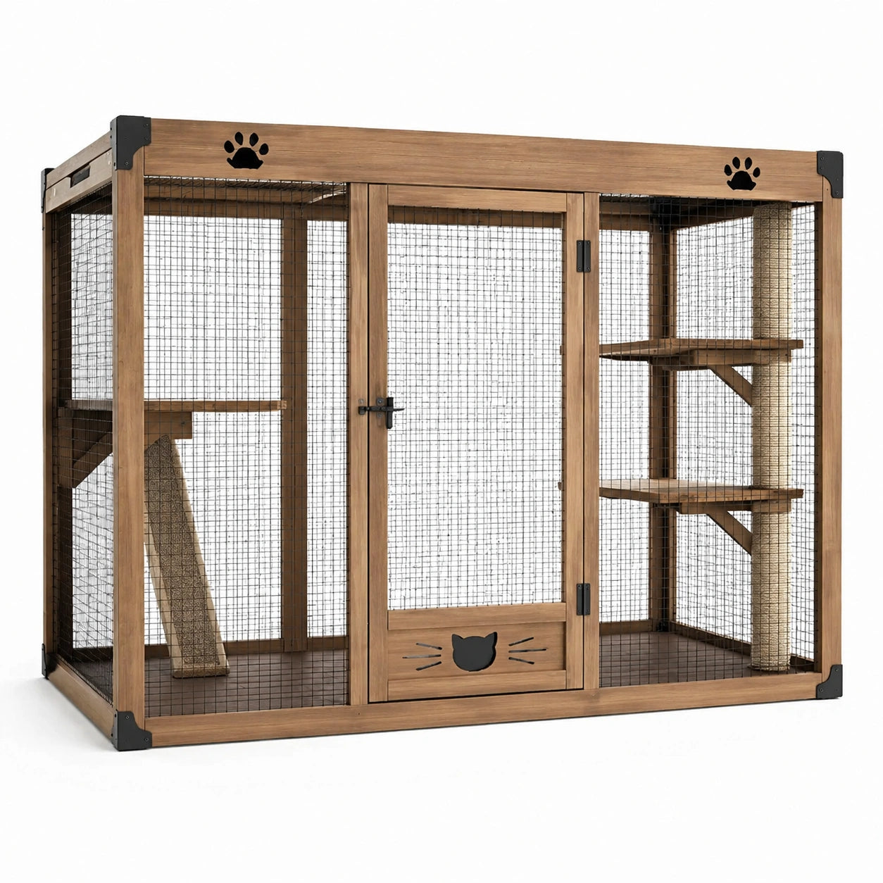 Enclos pour chat multiniveau en bois brun avec grillage noir, 180 × 80 × 150 cm