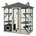 Enclos extérieur pour chats en bois et métal, beige et vert foncé, 184 × 184 × 220 cm, multiniveau avec maisonnette