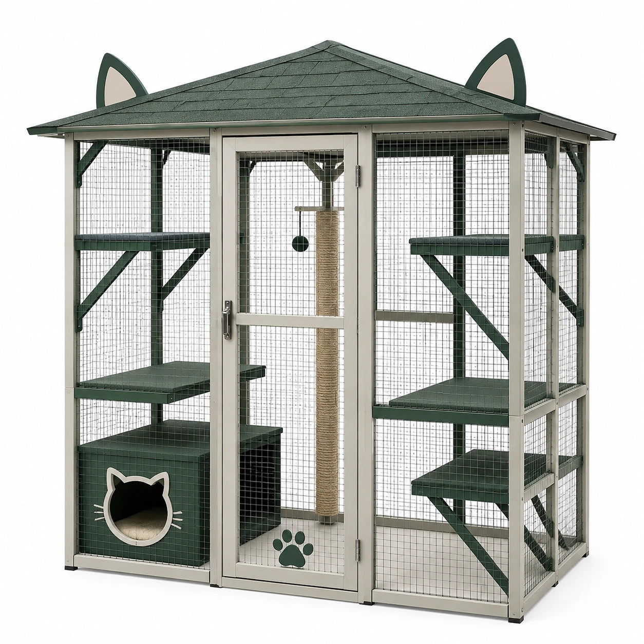 Enclos extérieur pour chats en bois et métal, beige et vert foncé, 184 × 184 × 220 cm, multiniveau avec maisonnette