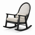 Fauteuil à bascule en bois noir et tissu beige avec dossier tressé, 74 × 96 × 105 cm