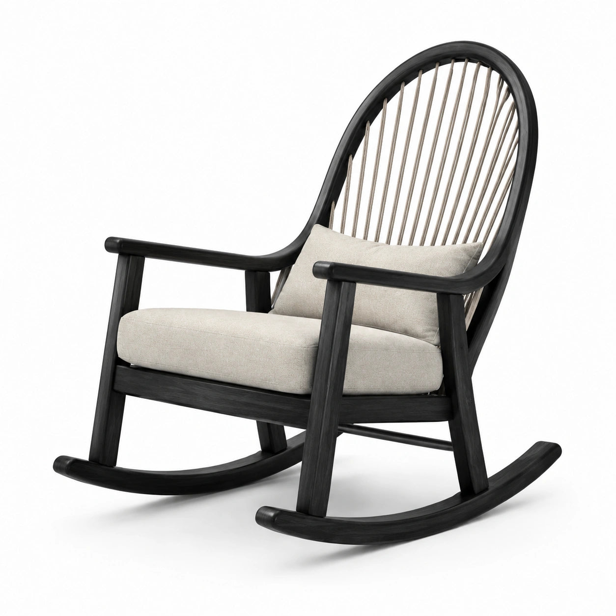 Fauteuil à bascule en bois noir et tissu beige avec dossier tressé, 74 × 96 × 105 cm