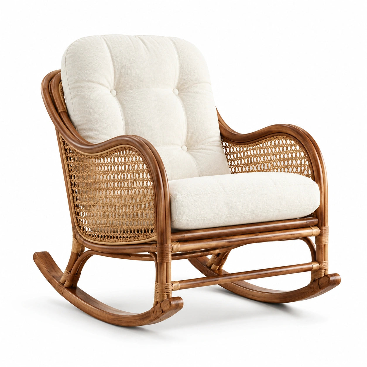 Fauteuil à bascule en rotin brun et tissu écru, 100 × 80 × 100 cm, style naturel