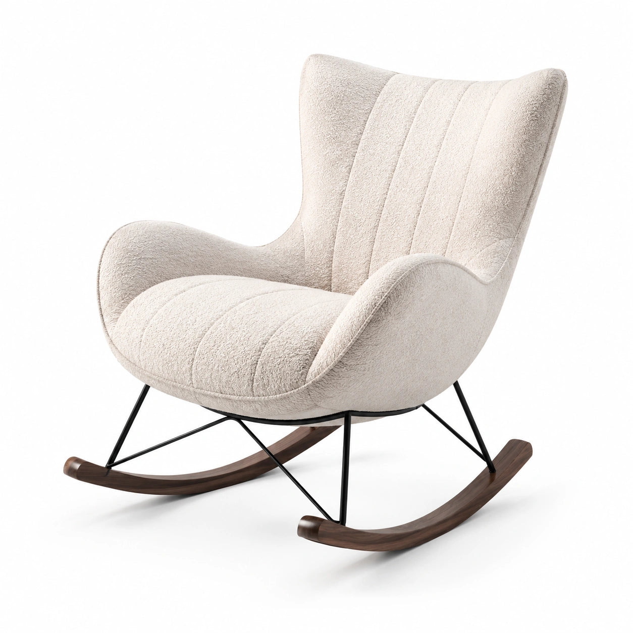 Fauteuil à bascule en tissu bouclé crème 98 × 90 × 100 cm avec patins en bois brun et structure en métal noir