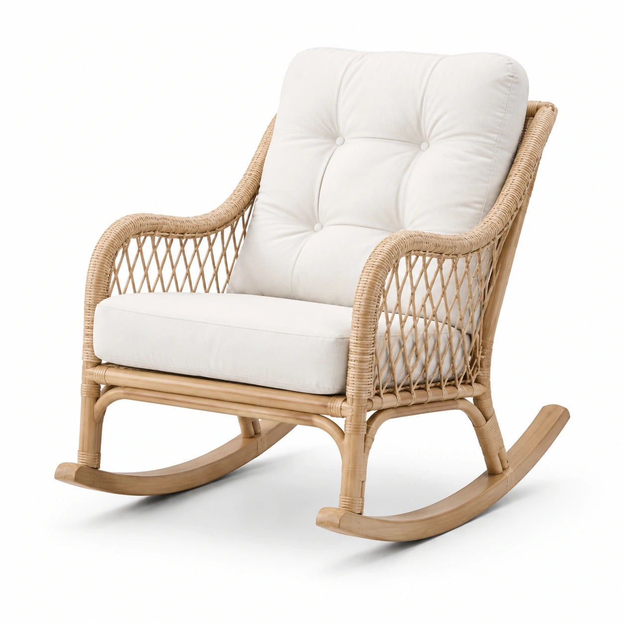 Fauteuil à bascule en rotin naturel et tissu blanc cassé, 75 × 96 × 100 cm, style bohème