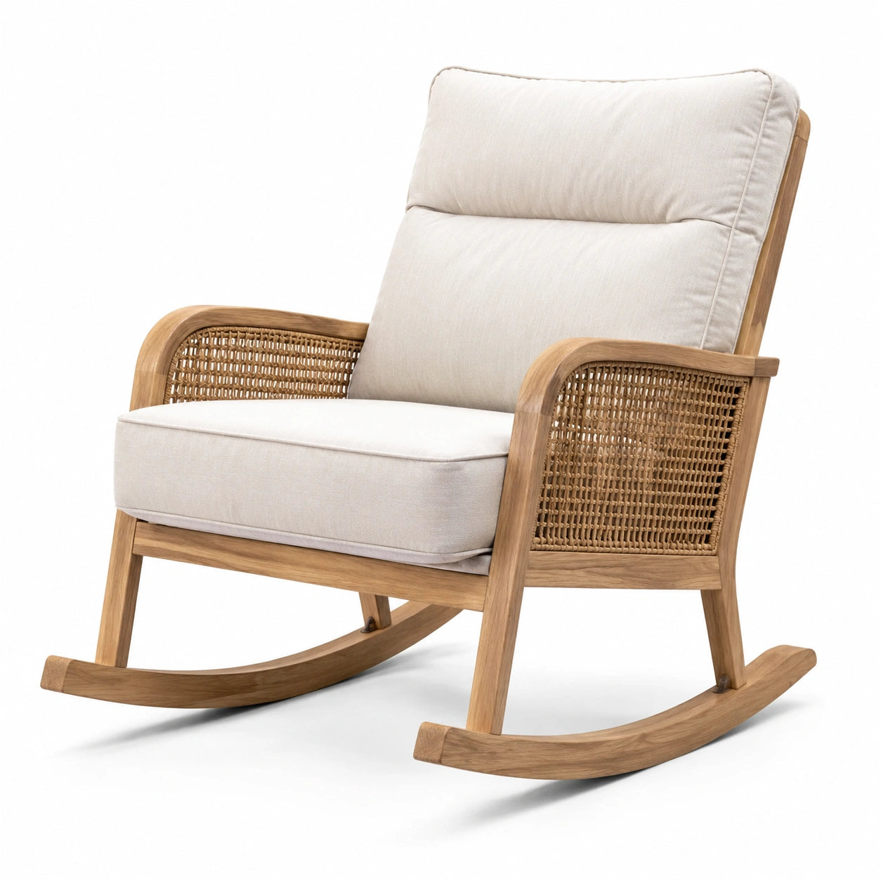 Fauteuil à bascule en bois et cannage, beige et brun clair, 76 × 98 × 101 cm, assise rembourrée