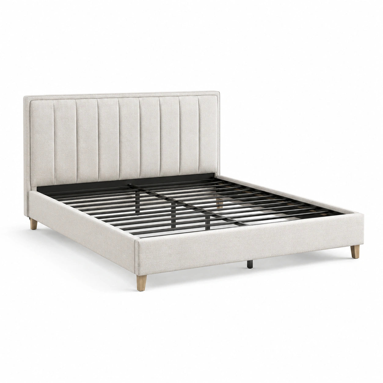 Lit double rembourré beige 160 × 200 cm avec tête de lit à panneaux verticaux et sommier à lattes métalliques
