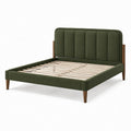 Lit double rembourré vert olive et bois marron, 217 × 174 × 112 cm, pour matelas 160 × 200 cm