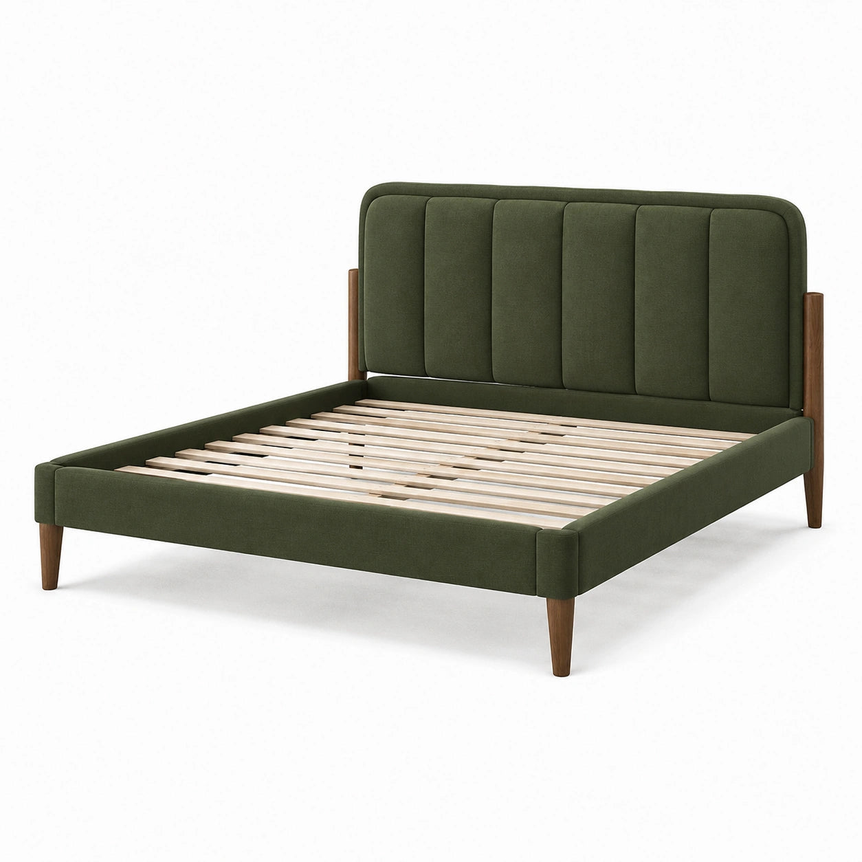 Lit double rembourré vert olive et bois marron, 217 × 174 × 112 cm, pour matelas 160 × 200 cm
