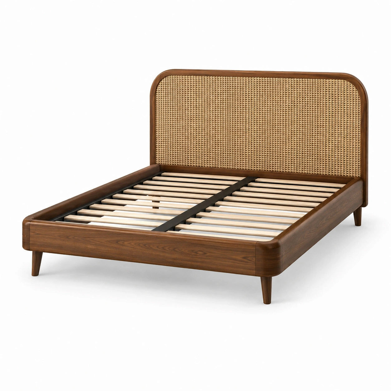 Lit double 160 × 200 cm en bois brun avec tête de lit en cannage naturel et sommier à lattes