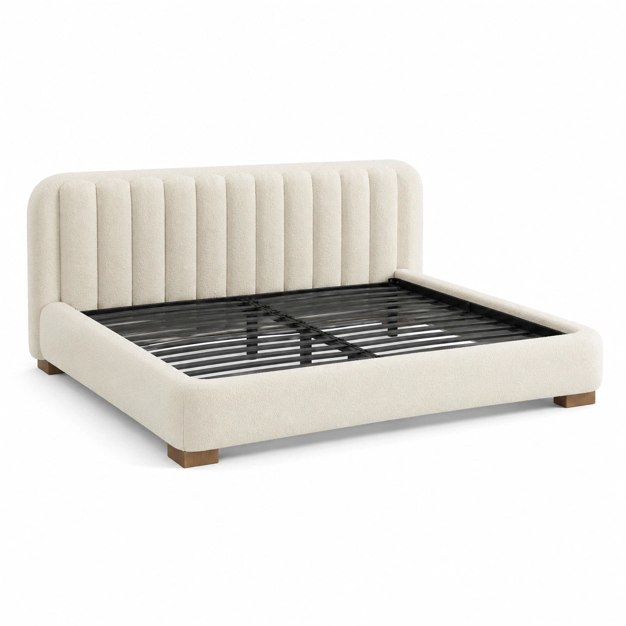 Lit double 160 × 200 cm en bouclette ivoire avec tête rembourrée et sommier à lattes métalliques