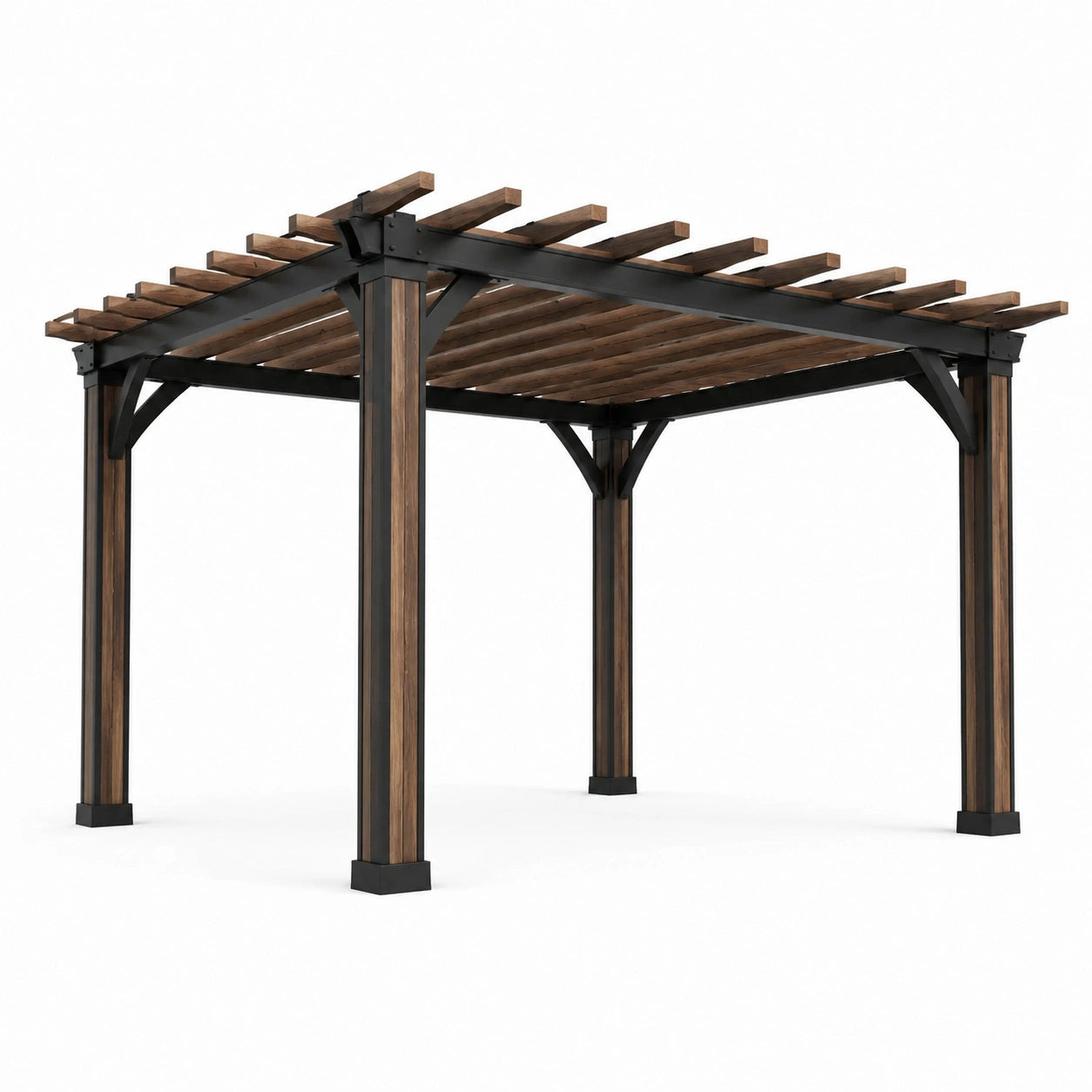 Pergola de jardin contemporaine en bois brun et métal noir avec toit ajouré, 305 × 305 × 245 cm