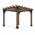 Pergola de jardin en bois brun et acier noir avec toit ajouré, 305 × 305 × 244 cm