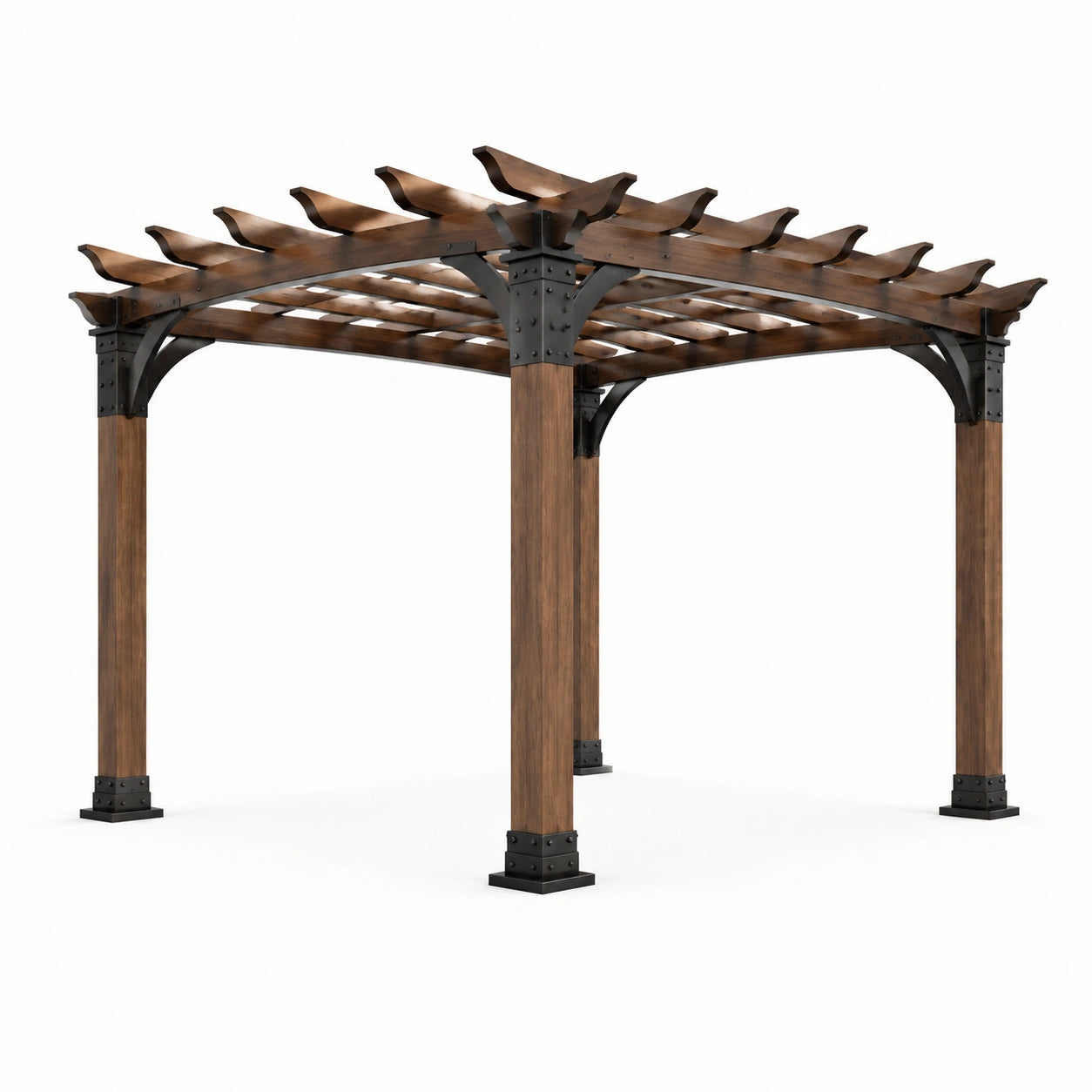 Pergola de jardin en bois brun et acier noir avec toit ajouré, 305 × 305 × 244 cm